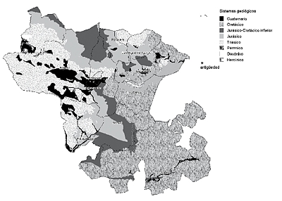 Mapa 2. Comarca de Campoo según Sistema del sustrato rocoso. Fuente: elaboración propia a partir del Mapa Geológico del IGME.